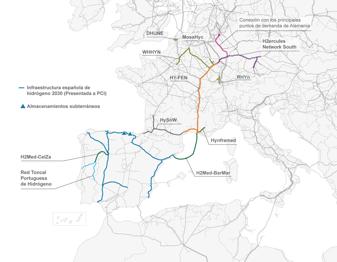Mapa visión europea de la red de hidrógeno para 2030