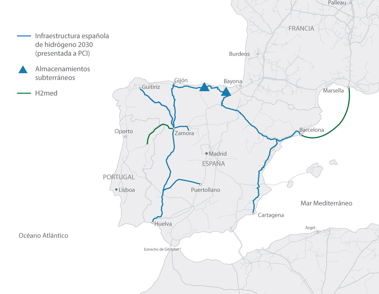 mapa infraestructuras hidrógeno 2030